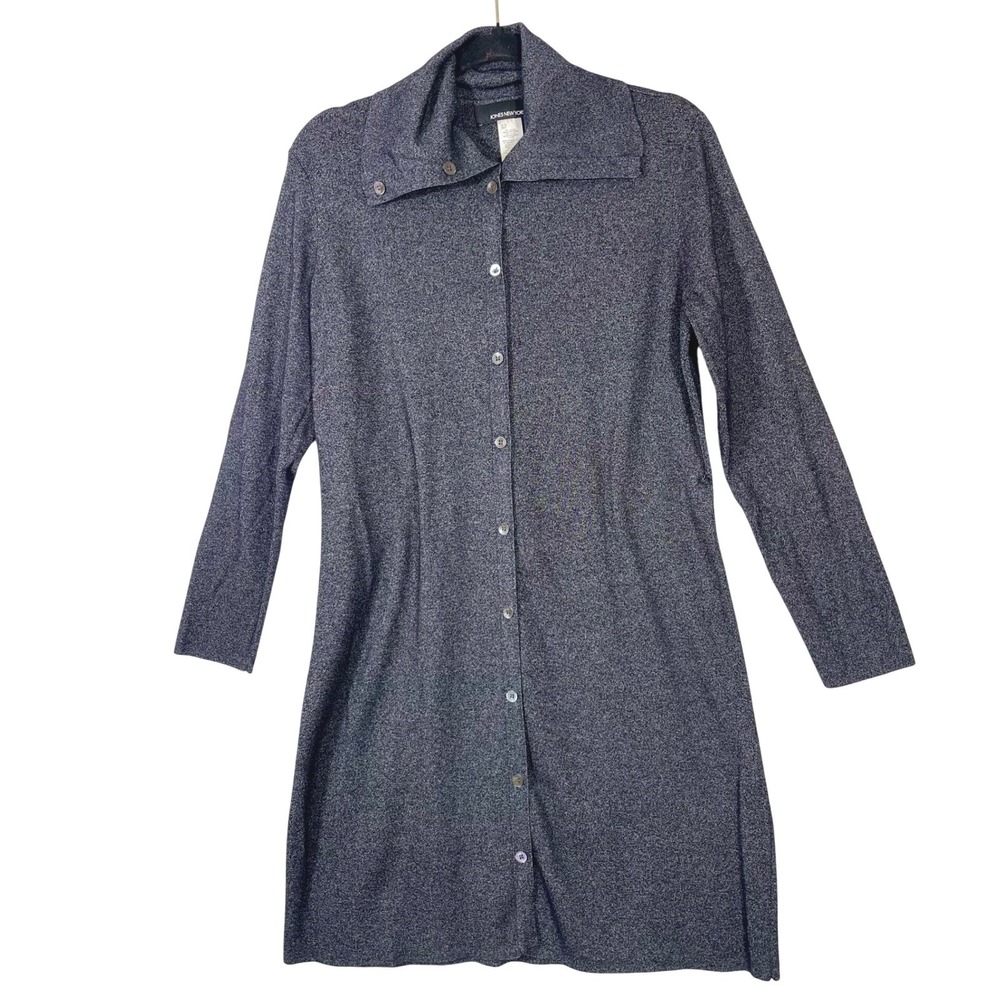 JONES NEW YORK Women L Long Sleeve Button Front Cardigan Sweater Dress Charcoal‎